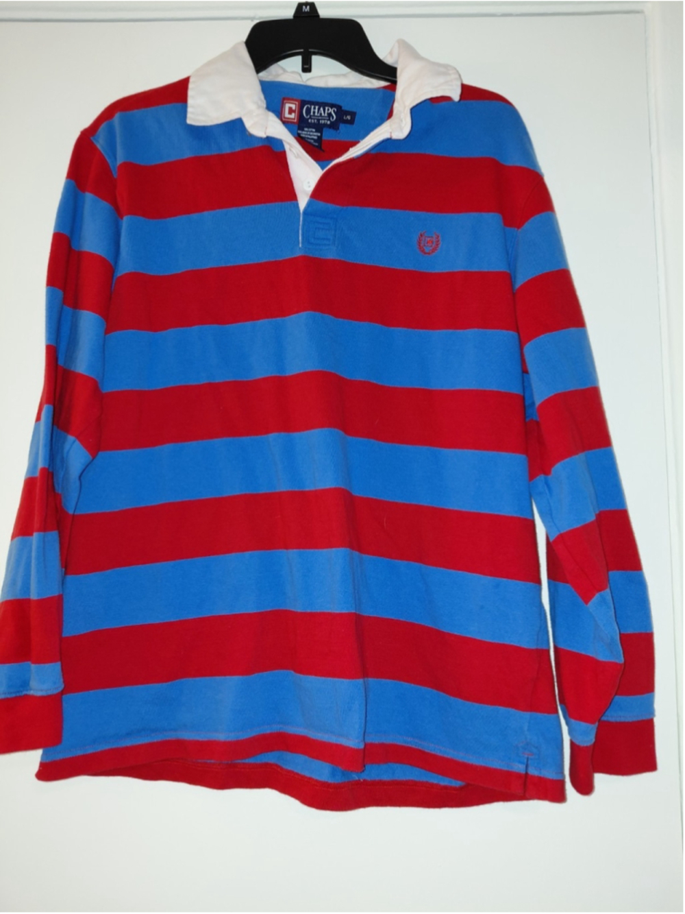Chaps Ralph Lauren Men's Polo Shirt Red/Blue Cotton, Long Sleeve, Size Large